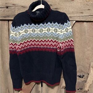 Langents Vintage Navy and Red Patterned Turtleneck Sweater Cotton and Lambswool